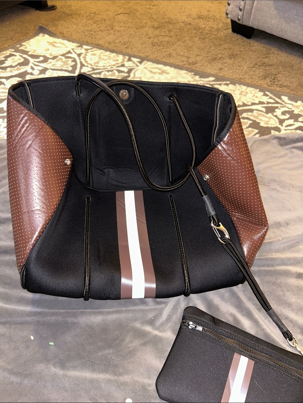 HAUTE SHORE Black Neoprene Tote with Brown and White Stripe